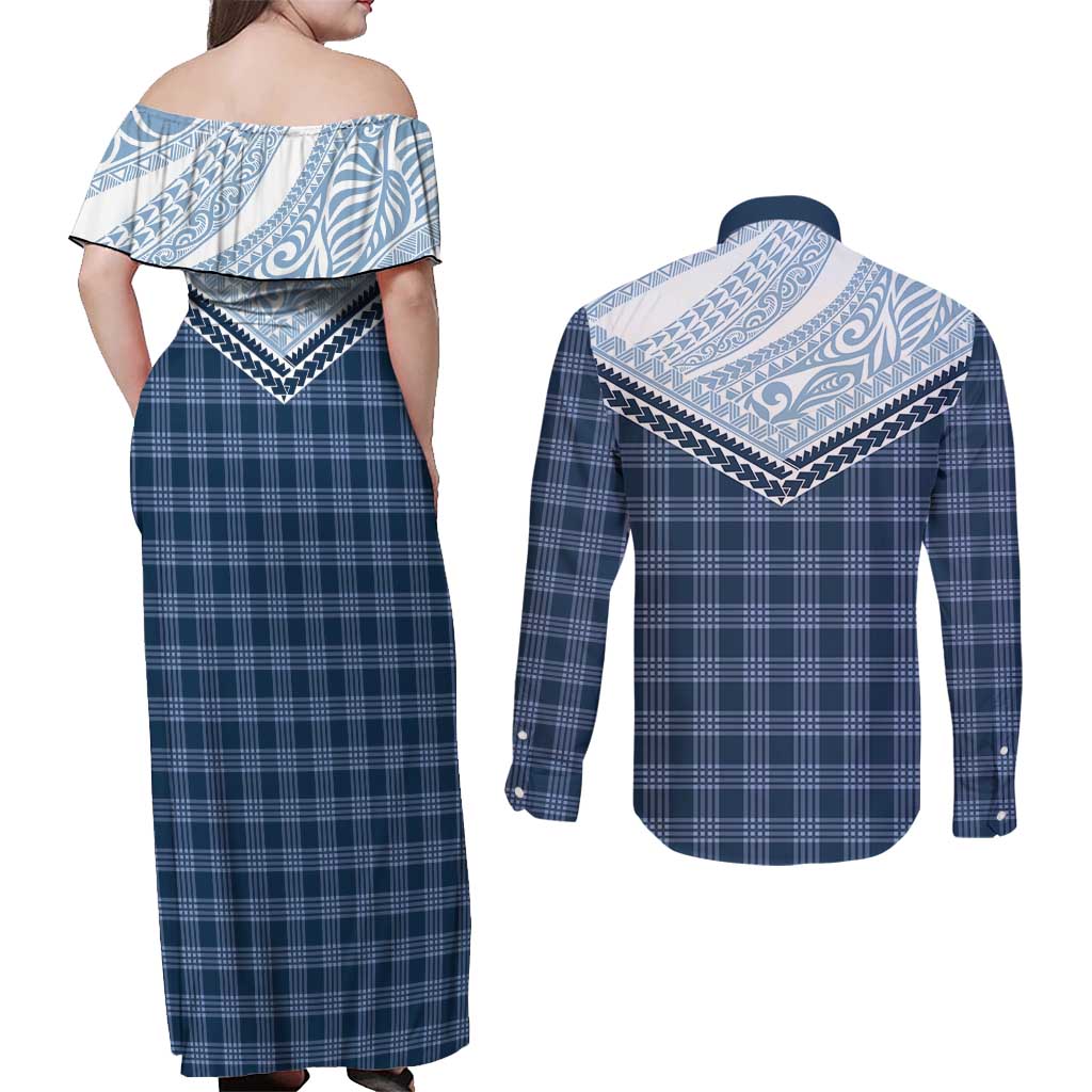 Aloha Hawaii Cowboys Paniolo Couples Matching Off Shoulder Maxi Dress and Long Sleeve Button Shirt Navy Blue Palaka - Polynesian Pride