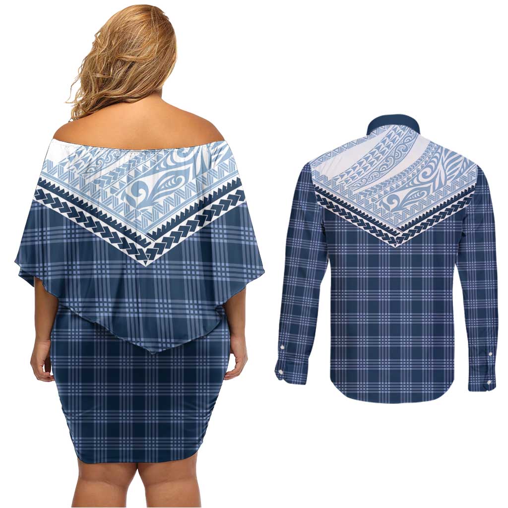 Aloha Hawaii Cowboys Paniolo Couples Matching Off Shoulder Short Dress and Long Sleeve Button Shirt Navy Blue Palaka - Polynesian Pride