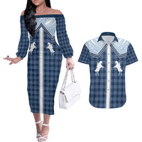 Aloha Hawaii Cowboys Paniolo Couples Matching Off The Shoulder Long Sleeve Dress and Hawaiian Shirt Navy Blue Palaka LT7 Navy - Polynesian Pride