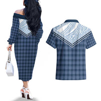 Aloha Hawaii Cowboys Paniolo Couples Matching Off The Shoulder Long Sleeve Dress and Hawaiian Shirt Navy Blue Palaka LT7 - Polynesian Pride
