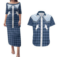 Aloha Hawaii Cowboys Paniolo Couples Matching Puletasi and Hawaiian Shirt Navy Blue Palaka - Polynesian Pride