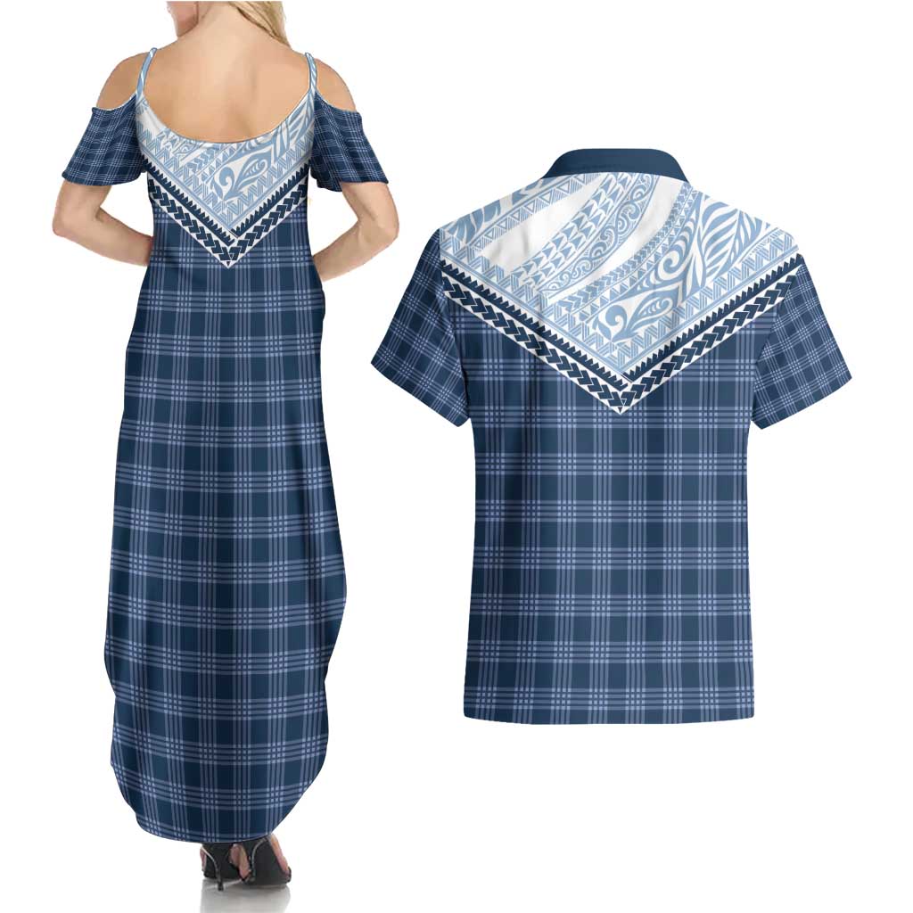 Aloha Hawaii Cowboys Paniolo Couples Matching Summer Maxi Dress and Hawaiian Shirt Navy Blue Palaka - Polynesian Pride