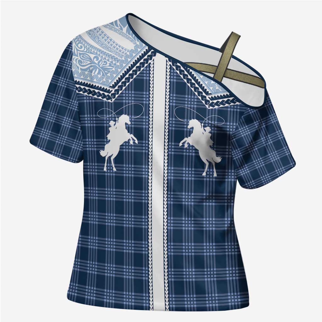 Aloha Hawaii Cowboys Paniolo Cross Shoulder Shirt Navy Blue Palaka - Polynesian Pride