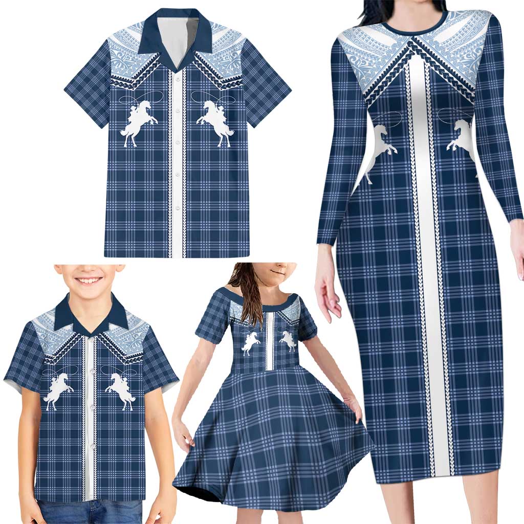 Aloha Hawaii Cowboys Paniolo Family Matching Long Sleeve Bodycon Dress and Hawaiian Shirt Navy Blue Palaka LT7 - Polynesian Pride
