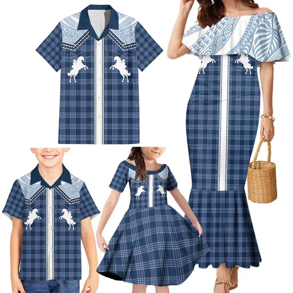Aloha Hawaii Cowboys Paniolo Family Matching Mermaid Dress and Hawaiian Shirt Navy Blue Palaka LT7 - Polynesian Pride