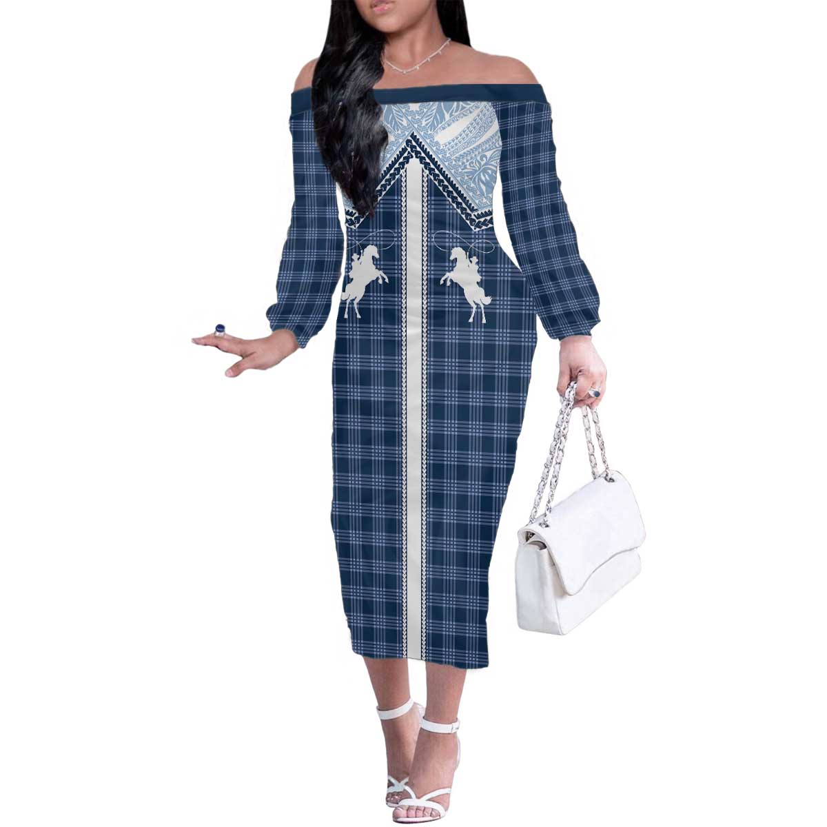 Aloha Hawaii Cowboys Paniolo Family Matching Off The Shoulder Long Sleeve Dress and Hawaiian Shirt Navy Blue Palaka LT7 Mom's Dress Navy - Polynesian Pride