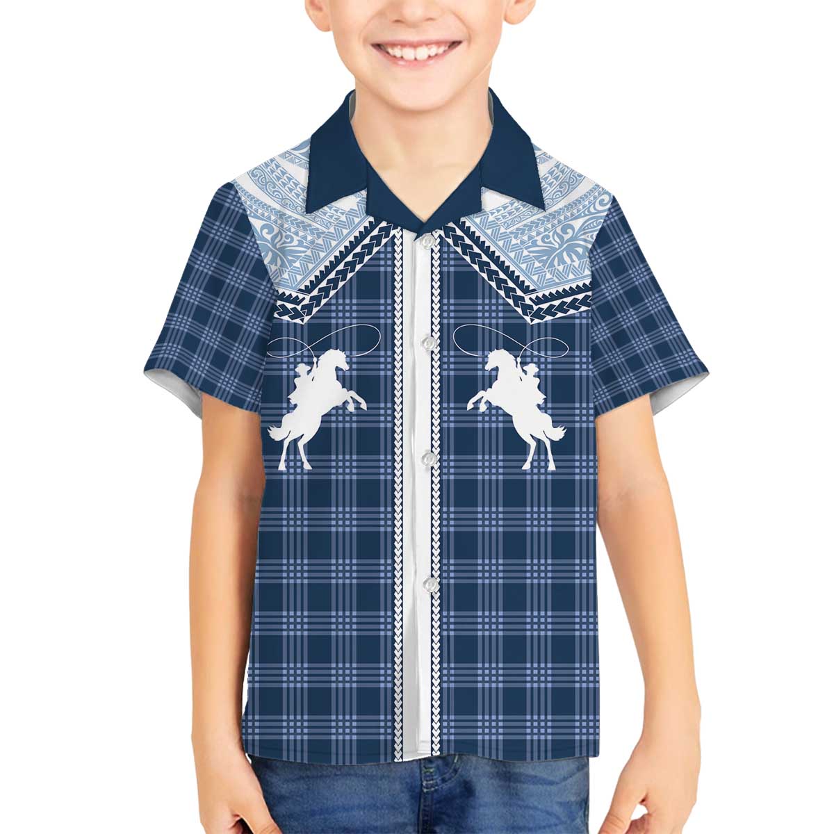 Aloha Hawaii Cowboys Paniolo Family Matching Off The Shoulder Long Sleeve Dress and Hawaiian Shirt Navy Blue Palaka LT7 Son's Shirt Navy - Polynesian Pride