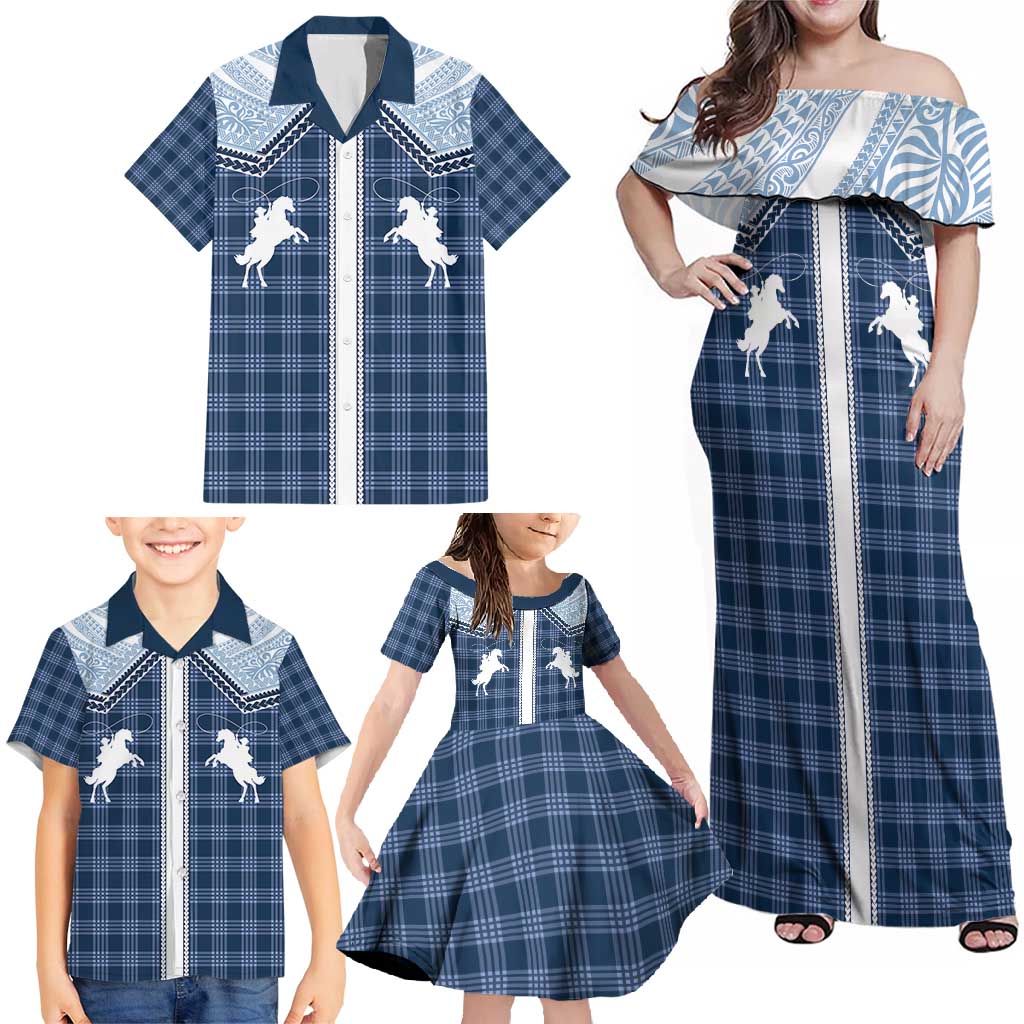 Aloha Hawaii Cowboys Paniolo Family Matching Off Shoulder Maxi Dress and Hawaiian Shirt Navy Blue Palaka LT7 - Polynesian Pride