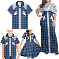 Aloha Hawaii Cowboys Paniolo Family Matching Off Shoulder Maxi Dress and Hawaiian Shirt Navy Blue Palaka LT7 - Polynesian Pride