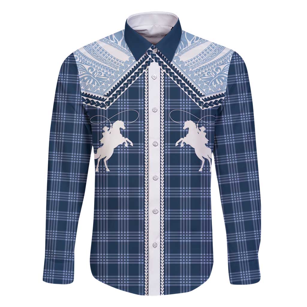Aloha Hawaii Cowboys Paniolo Family Matching Off Shoulder Maxi Dress and Hawaiian Shirt Navy Blue Palaka LT7 Dad's Shirt - Long Sleeve Navy - Polynesian Pride