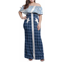 Aloha Hawaii Cowboys Paniolo Family Matching Off Shoulder Maxi Dress and Hawaiian Shirt Navy Blue Palaka LT7 Mom's Dress Navy - Polynesian Pride