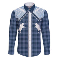 Aloha Hawaii Cowboys Paniolo Family Matching Off Shoulder Short Dress and Hawaiian Shirt Navy Blue Palaka LT7 Dad's Shirt - Long Sleeve Navy - Polynesian Pride