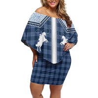 Aloha Hawaii Cowboys Paniolo Family Matching Off Shoulder Short Dress and Hawaiian Shirt Navy Blue Palaka LT7 Mom's Dress Navy - Polynesian Pride