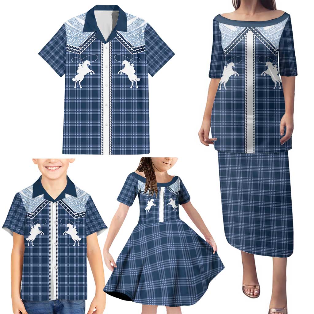 Aloha Hawaii Cowboys Paniolo Family Matching Puletasi and Hawaiian Shirt Navy Blue Palaka LT7 - Polynesian Pride