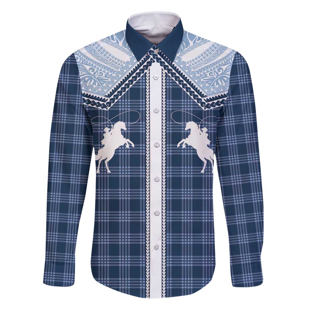 Aloha Hawaii Cowboys Paniolo Family Matching Puletasi and Hawaiian Shirt Navy Blue Palaka LT7 Dad's Shirt - Long Sleeve Navy - Polynesian Pride