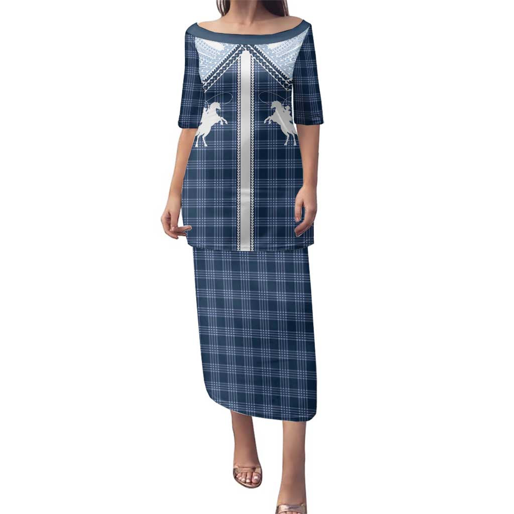 Aloha Hawaii Cowboys Paniolo Family Matching Puletasi and Hawaiian Shirt Navy Blue Palaka LT7 Mom's Dress Navy - Polynesian Pride