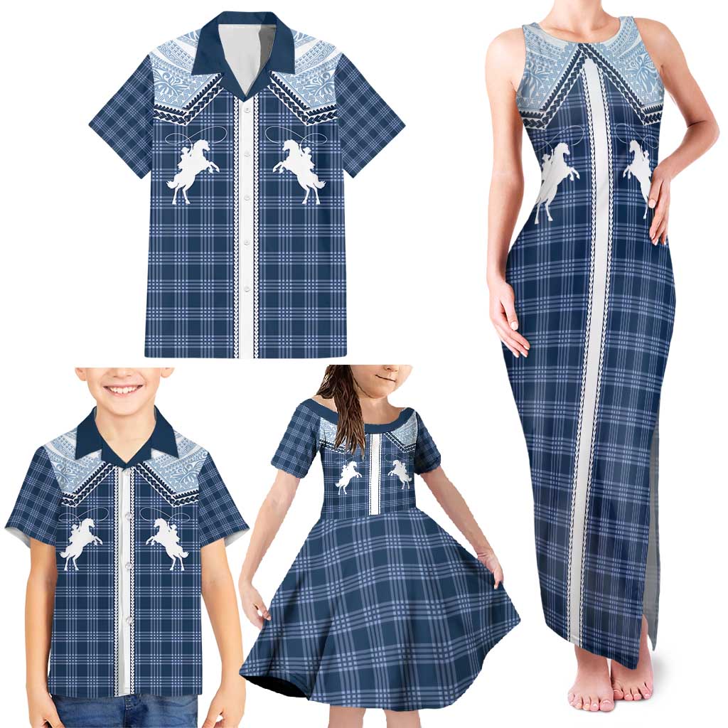 Aloha Hawaii Cowboys Paniolo Family Matching Tank Maxi Dress and Hawaiian Shirt Navy Blue Palaka LT7 - Polynesian Pride
