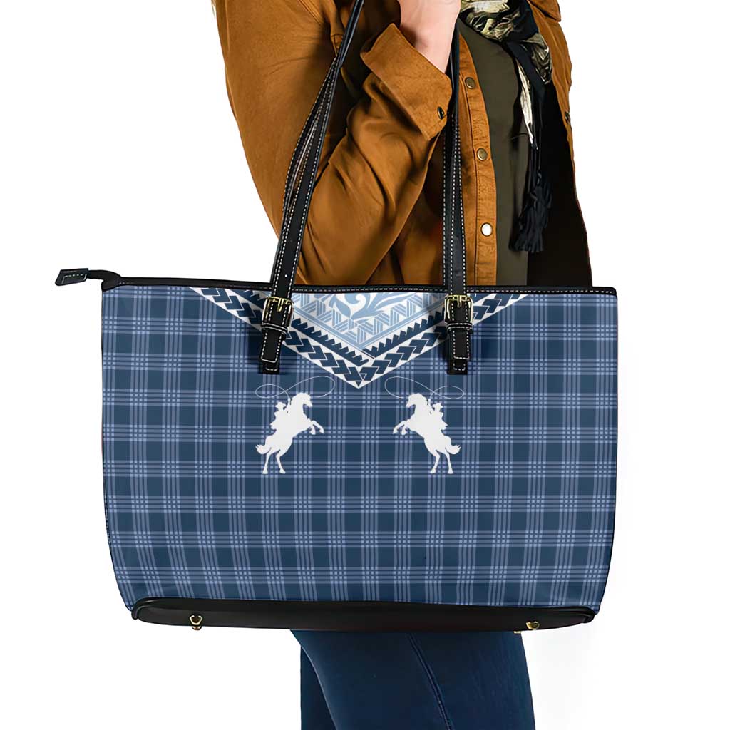 Aloha Hawaii Cowboys Paniolo Leather Tote Bag Navy Blue Palaka - Polynesian Pride