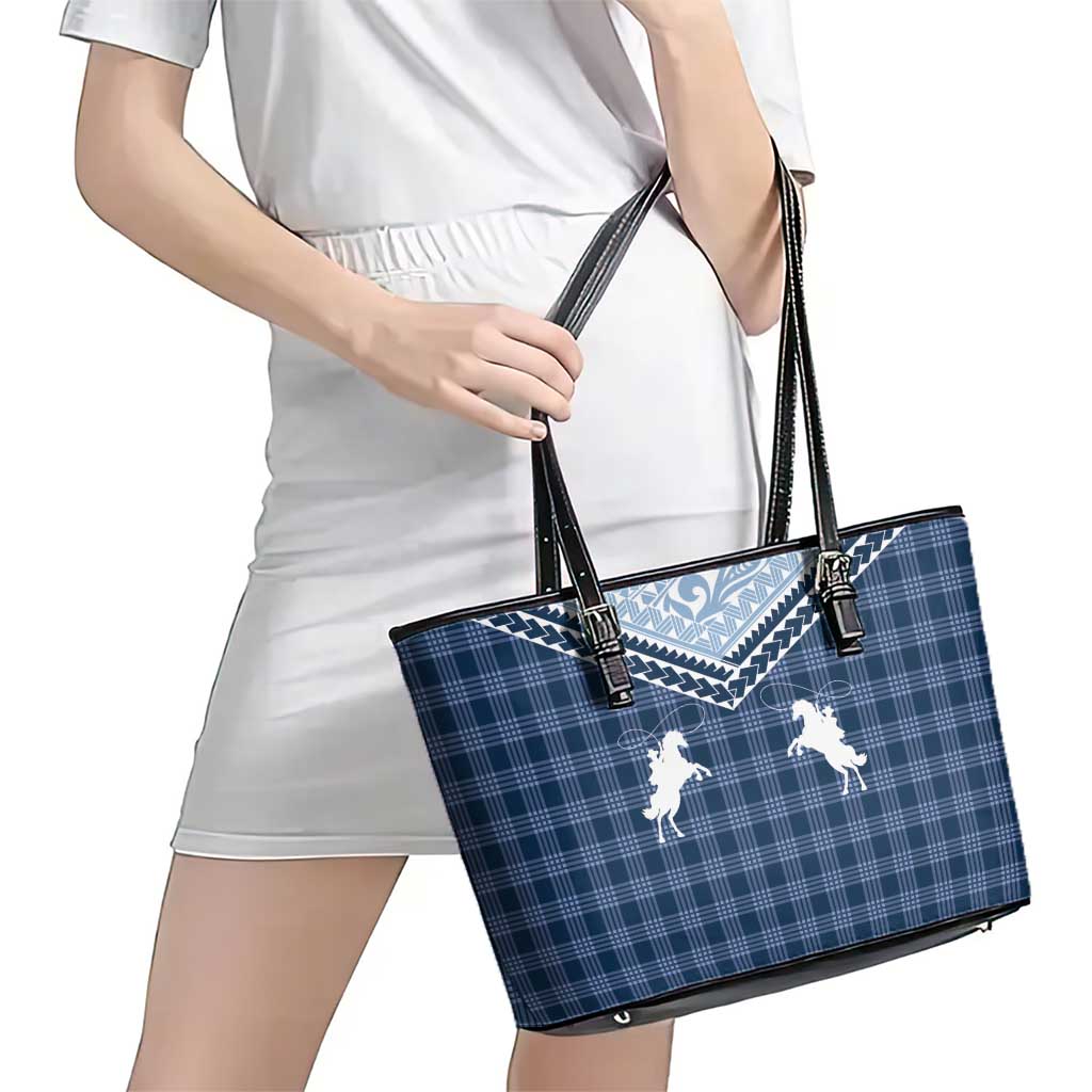Aloha Hawaii Cowboys Paniolo Leather Tote Bag Navy Blue Palaka - Polynesian Pride