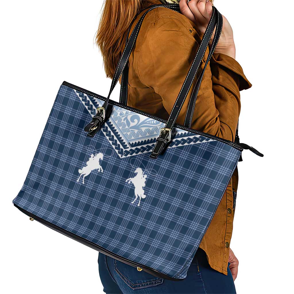 Aloha Hawaii Cowboys Paniolo Leather Tote Bag Navy Blue Palaka - Polynesian Pride