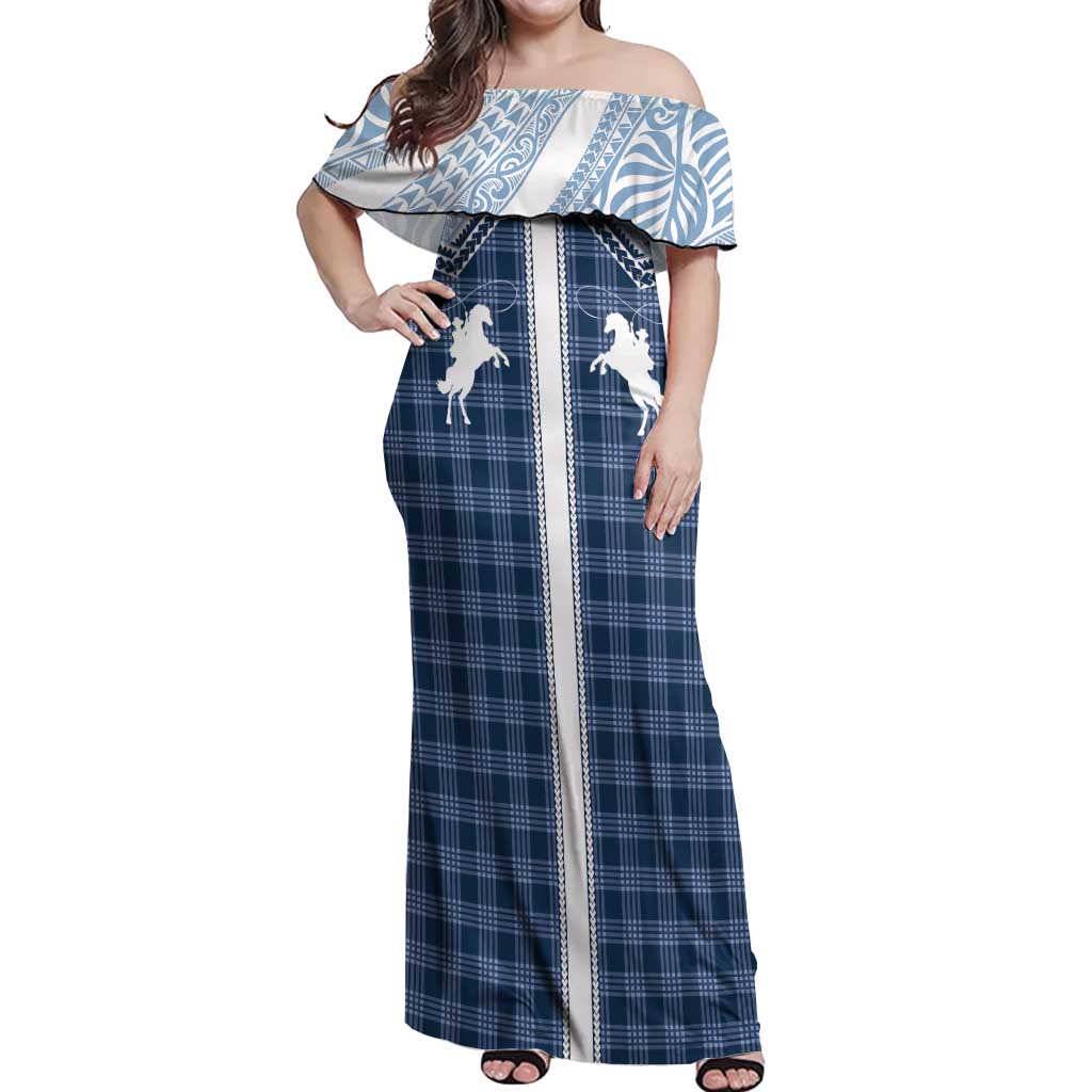 Aloha Hawaii Cowboys Paniolo Off Shoulder Maxi Dress Navy Blue Palaka - Polynesian Pride