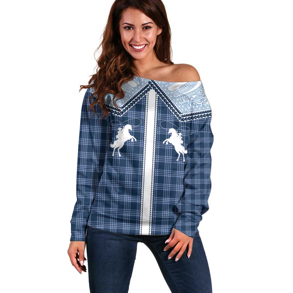 Aloha Hawaii Cowboys Paniolo Off Shoulder Sweater Navy Blue Palaka - Polynesian Pride