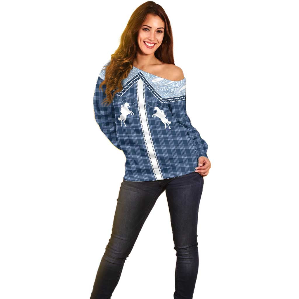 Aloha Hawaii Cowboys Paniolo Off Shoulder Sweater Navy Blue Palaka - Polynesian Pride