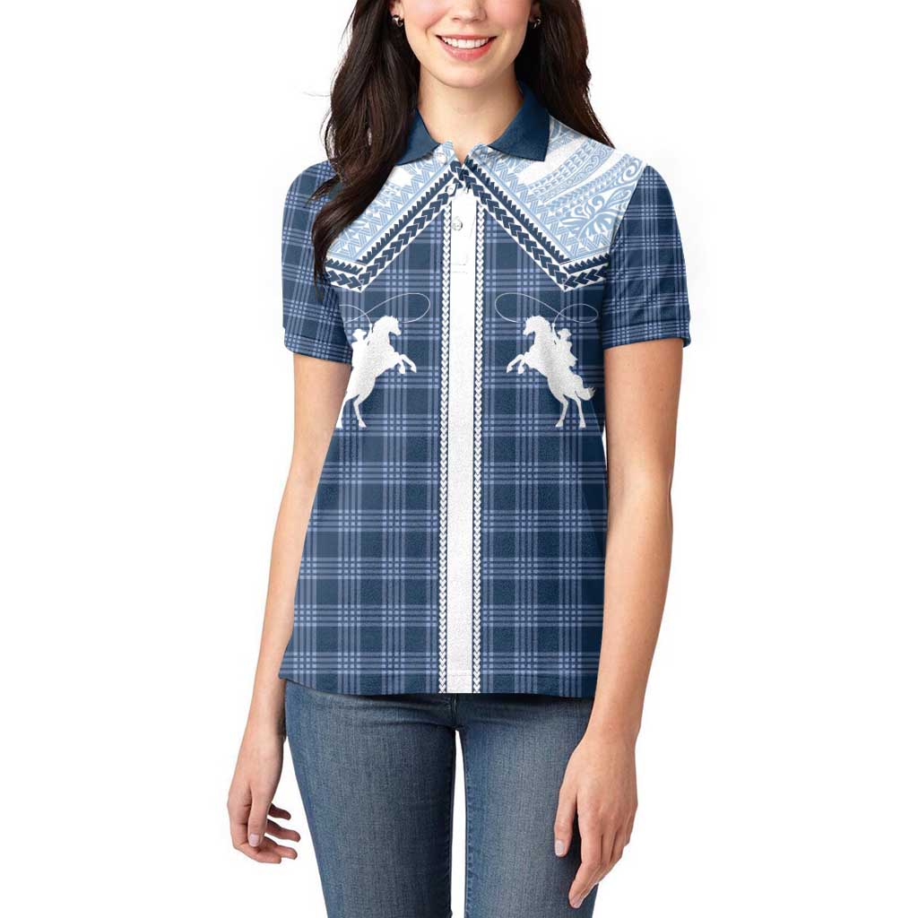 Aloha Hawaii Cowboys Paniolo Women Polo Shirt Navy Blue Palaka - Polynesian Pride