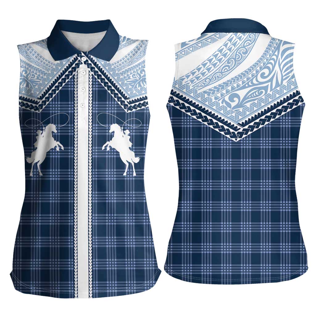 Aloha Hawaii Cowboys Paniolo Women Sleeveless Polo Shirt Navy Blue Palaka - Polynesian Pride