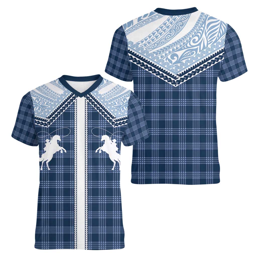 Aloha Hawaii Cowboys Paniolo Women V-Neck T-Shirt Navy Blue Palaka - Polynesian Pride