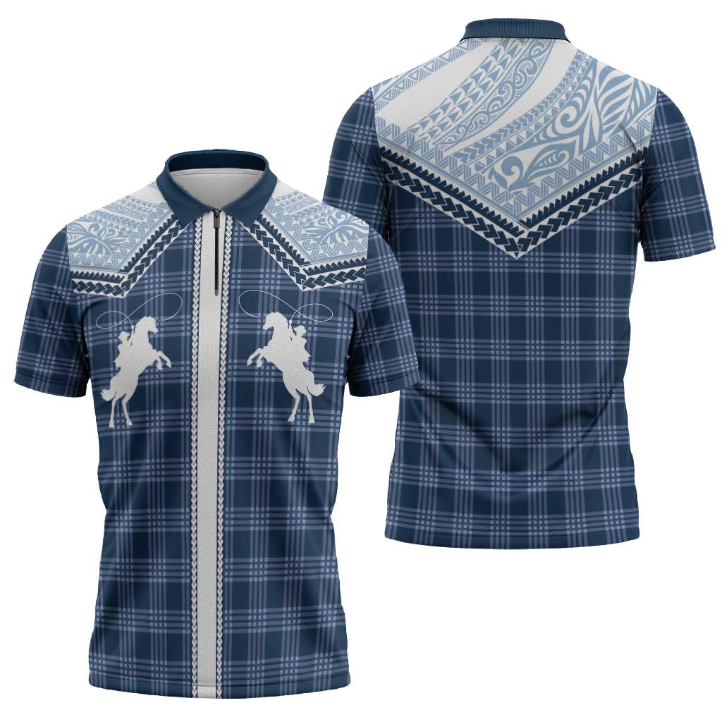Aloha Hawaii Cowboys Paniolo Zipper Polo Shirt Navy Blue Palaka - Polynesian Pride