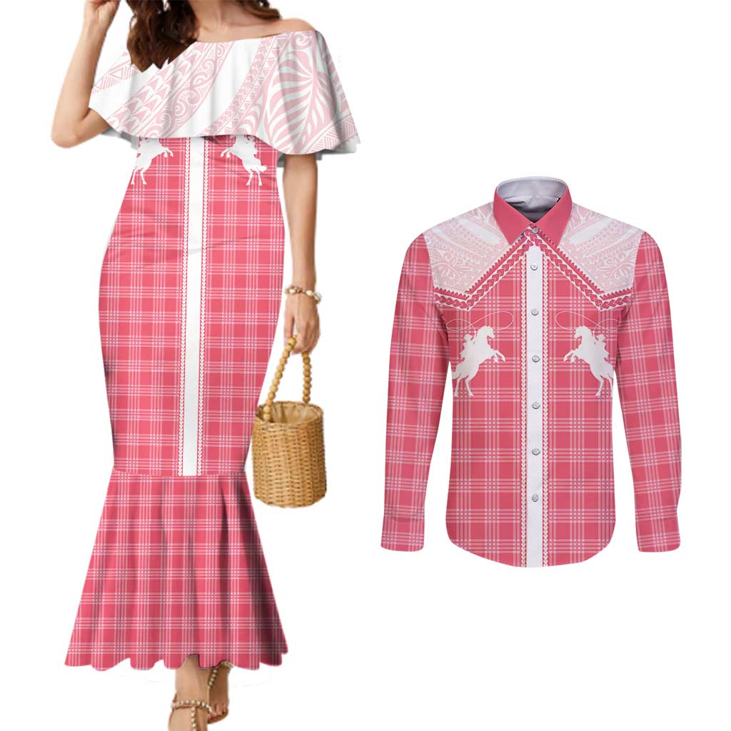 Aloha Hawaii Cowboys Paniolo Couples Matching Mermaid Dress and Long Sleeve Button Shirt Rose Palaka - Polynesian Pride