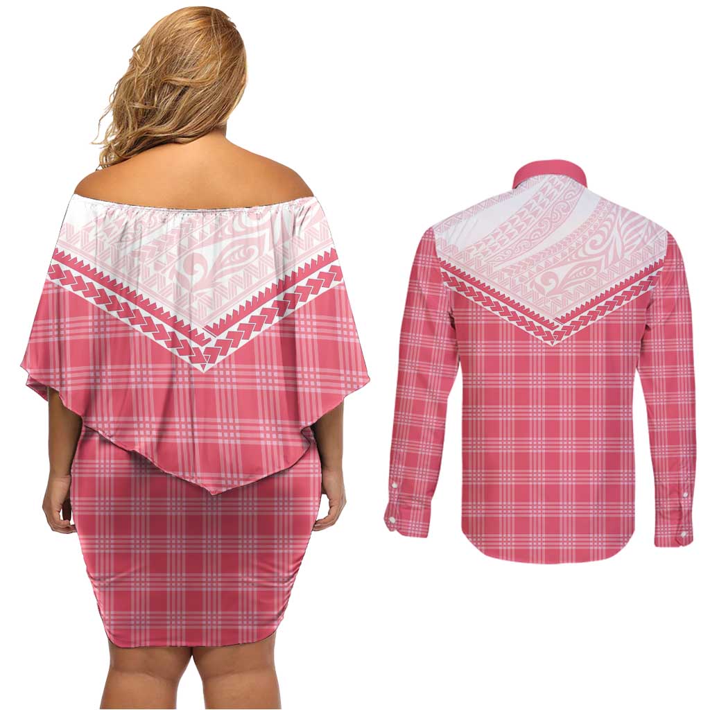 Aloha Hawaii Cowboys Paniolo Couples Matching Off Shoulder Short Dress and Long Sleeve Button Shirt Rose Palaka - Polynesian Pride