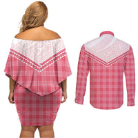Aloha Hawaii Cowboys Paniolo Couples Matching Off Shoulder Short Dress and Long Sleeve Button Shirt Rose Palaka - Polynesian Pride