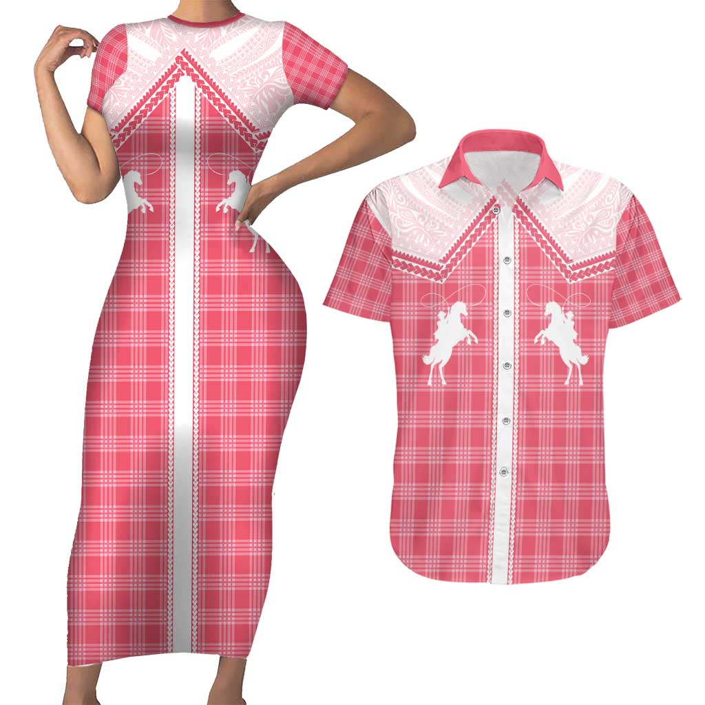 Aloha Hawaii Cowboys Paniolo Couples Matching Short Sleeve Bodycon Dress and Hawaiian Shirt Rose Palaka LT7 Pink - Polynesian Pride