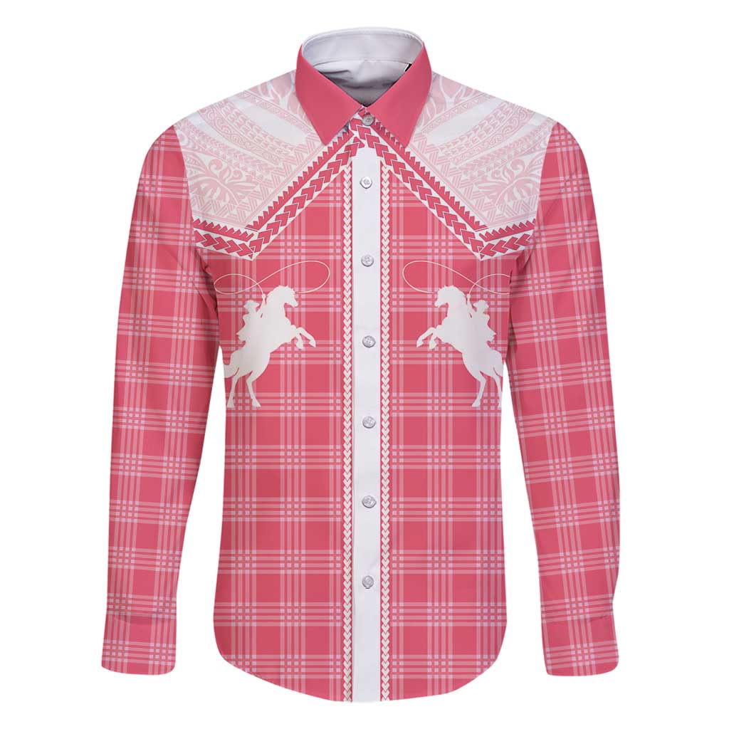 Aloha Hawaii Cowboys Paniolo Family Matching Long Sleeve Bodycon Dress and Hawaiian Shirt Rose Palaka LT7 Dad's Shirt - Long Sleeve Pink - Polynesian Pride