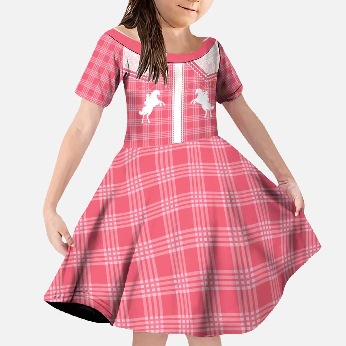 Aloha Hawaii Cowboys Paniolo Family Matching Off The Shoulder Long Sleeve Dress and Hawaiian Shirt Rose Palaka LT7 Daughter's Dress Pink - Polynesian Pride