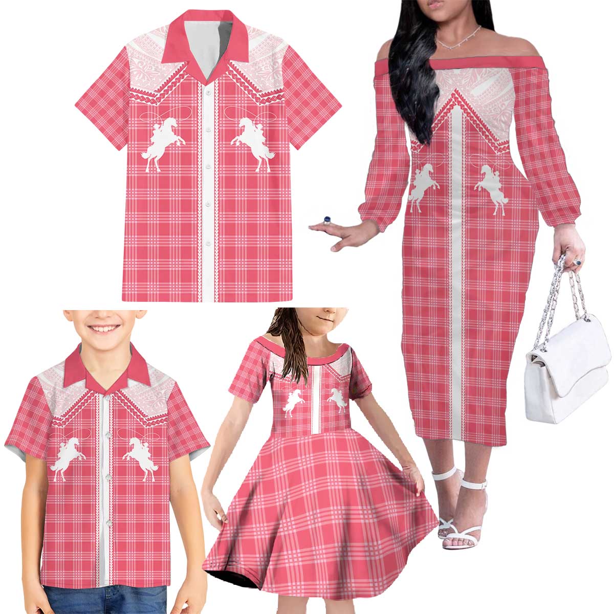 Aloha Hawaii Cowboys Paniolo Family Matching Off The Shoulder Long Sleeve Dress and Hawaiian Shirt Rose Palaka LT7 - Polynesian Pride