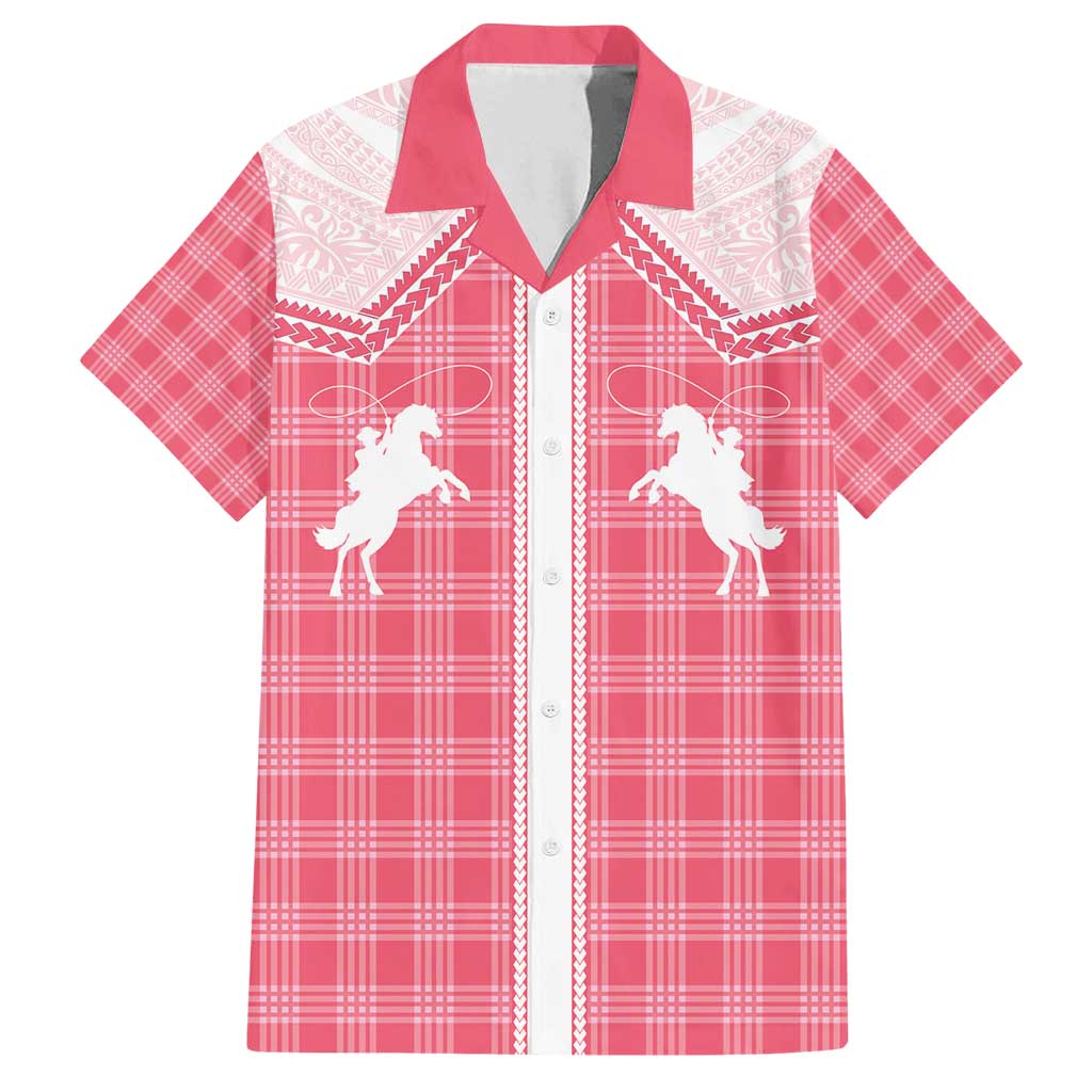 Aloha Hawaii Cowboys Paniolo Family Matching Off Shoulder Maxi Dress and Hawaiian Shirt Rose Palaka LT7 Dad's Shirt - Short Sleeve Pink - Polynesian Pride