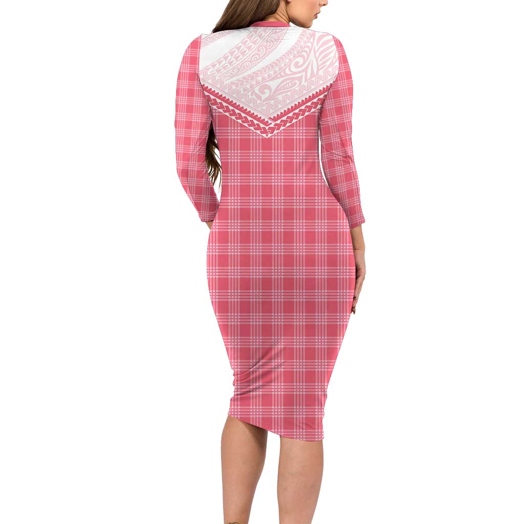 Aloha Hawaii Cowboys Paniolo Long Sleeve Bodycon Dress Rose Palaka - Polynesian Pride
