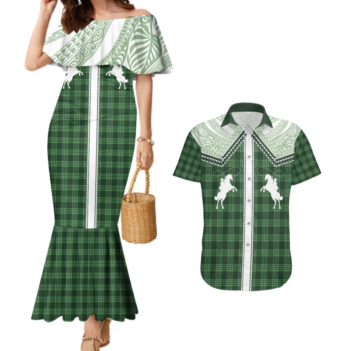 Aloha Hawaii Cowboys Paniolo Couples Matching Mermaid Dress and Hawaiian Shirt Forest Green Palaka LT7 Dark Green - Polynesian Pride