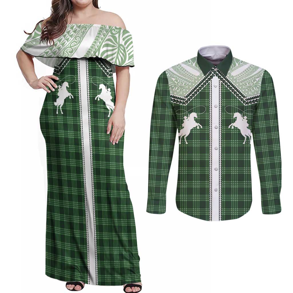 Aloha Hawaii Cowboys Paniolo Couples Matching Off Shoulder Maxi Dress and Long Sleeve Button Shirt Forest Green Palaka - Polynesian Pride