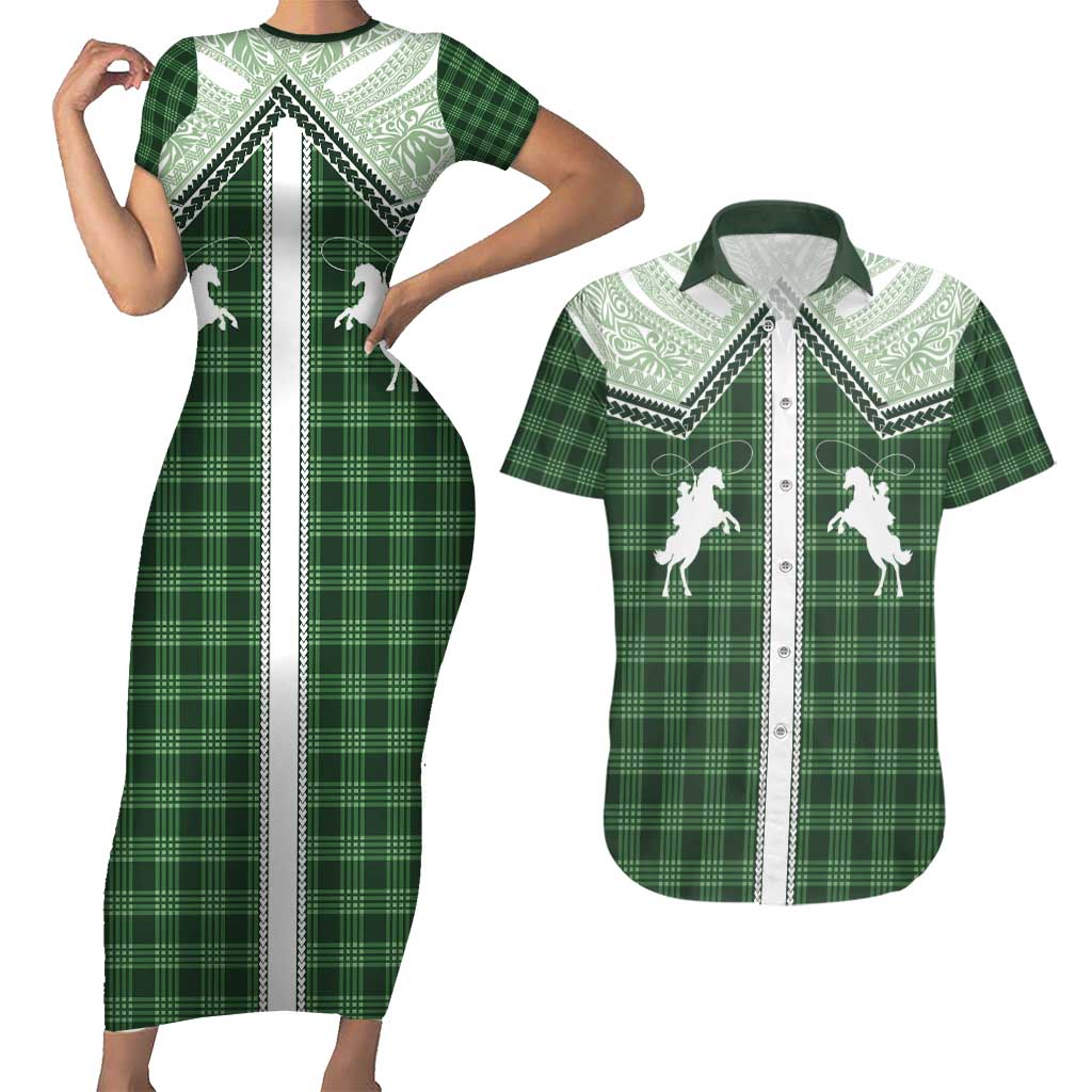 Aloha Hawaii Cowboys Paniolo Couples Matching Short Sleeve Bodycon Dress and Hawaiian Shirt Forest Green Palaka LT7 Dark Green - Polynesian Pride