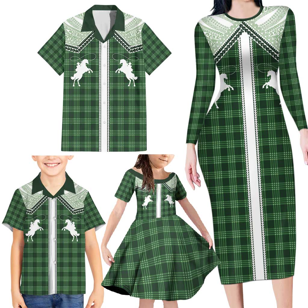 Aloha Hawaii Cowboys Paniolo Family Matching Long Sleeve Bodycon Dress and Hawaiian Shirt Forest Green Palaka LT7 - Polynesian Pride