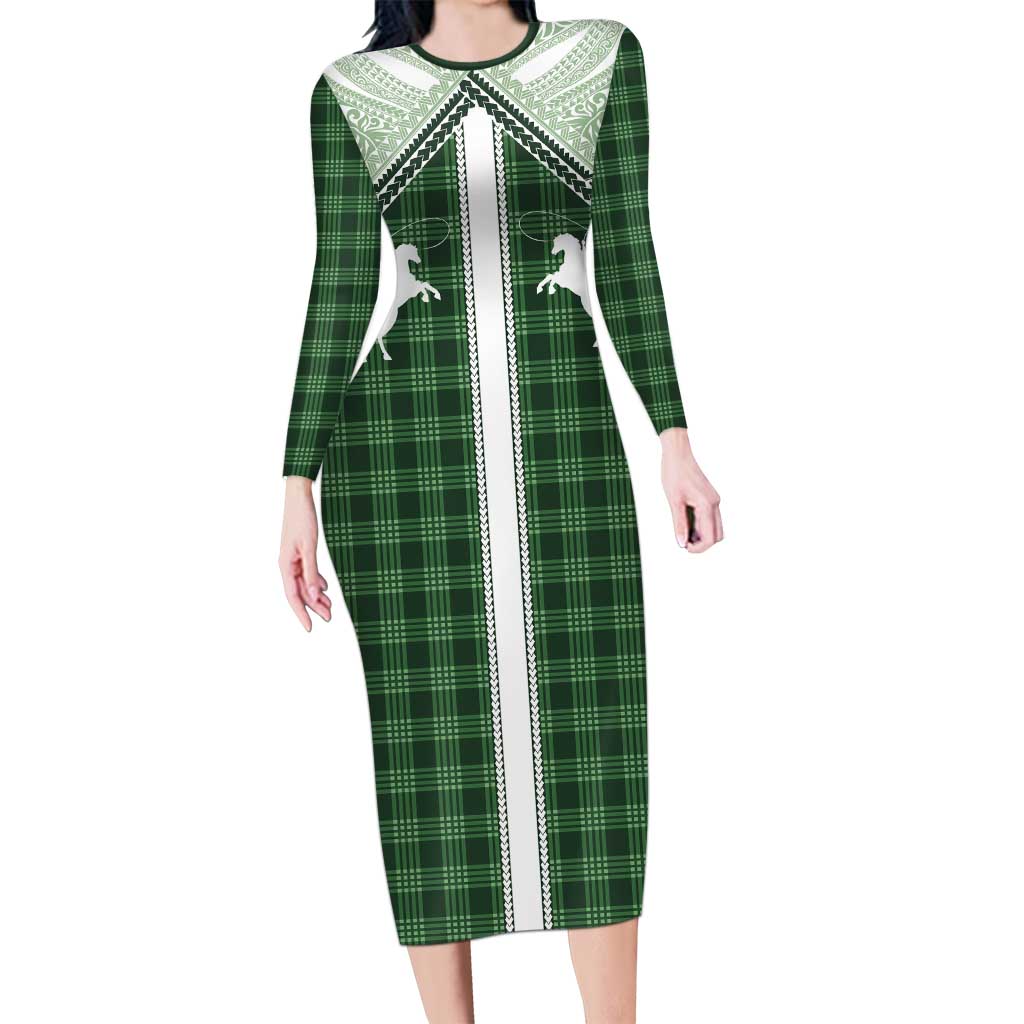 Aloha Hawaii Cowboys Paniolo Family Matching Long Sleeve Bodycon Dress and Hawaiian Shirt Forest Green Palaka LT7 Mom's Dress Dark Green - Polynesian Pride