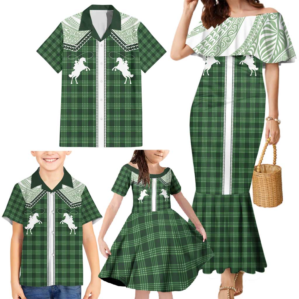 Aloha Hawaii Cowboys Paniolo Family Matching Mermaid Dress and Hawaiian Shirt Forest Green Palaka LT7 - Polynesian Pride