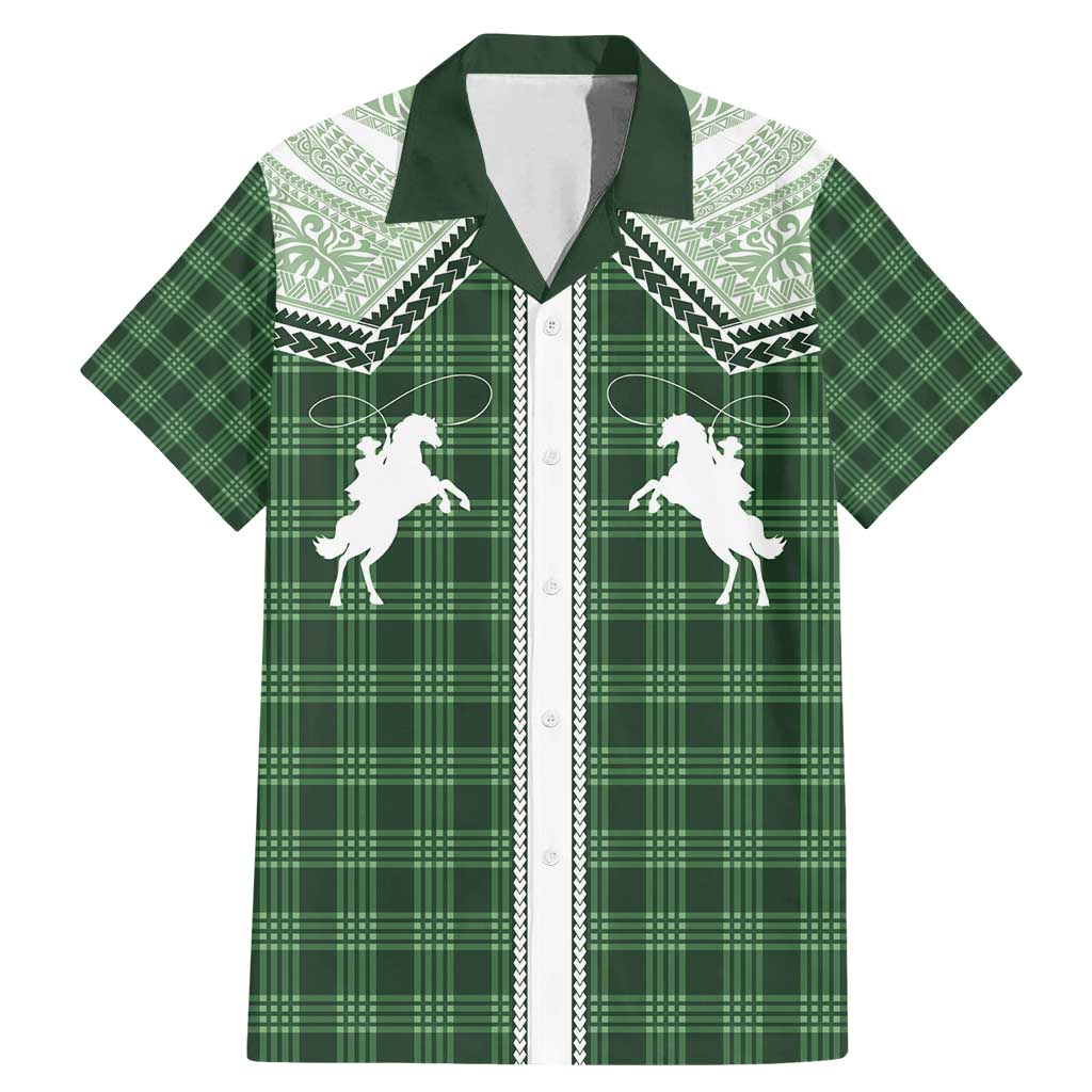 Aloha Hawaii Cowboys Paniolo Family Matching Mermaid Dress and Hawaiian Shirt Forest Green Palaka LT7 Dad's Shirt - Short Sleeve Dark Green - Polynesian Pride
