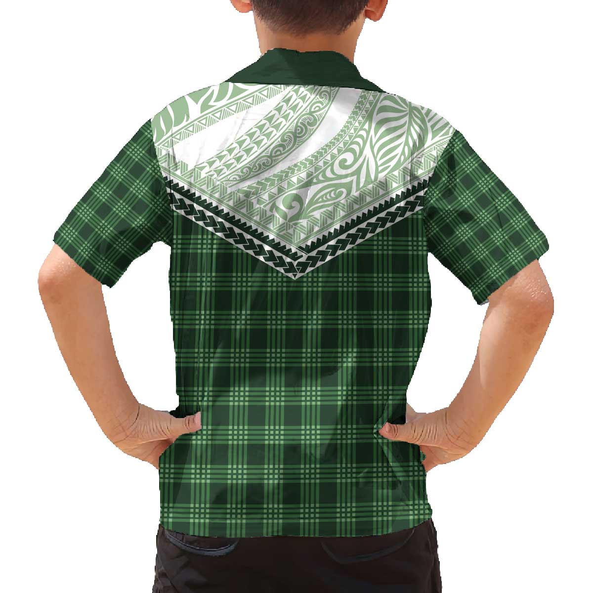 Aloha Hawaii Cowboys Paniolo Family Matching Off The Shoulder Long Sleeve Dress and Hawaiian Shirt Forest Green Palaka LT7 - Polynesian Pride