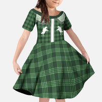 Aloha Hawaii Cowboys Paniolo Family Matching Off The Shoulder Long Sleeve Dress and Hawaiian Shirt Forest Green Palaka LT7 Daughter's Dress Dark Green - Polynesian Pride