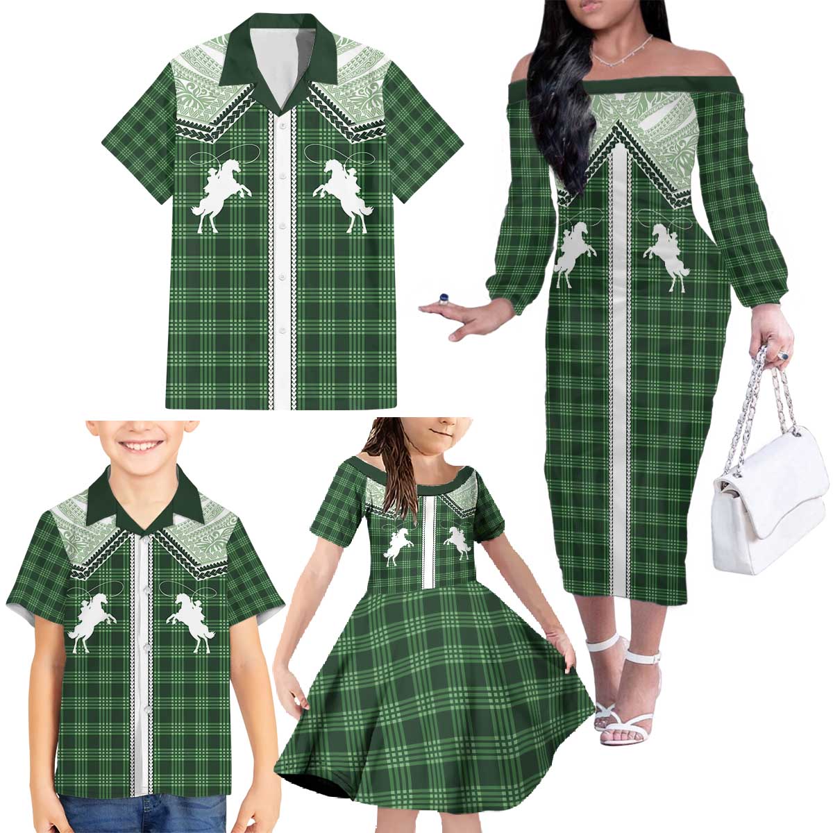 Aloha Hawaii Cowboys Paniolo Family Matching Off The Shoulder Long Sleeve Dress and Hawaiian Shirt Forest Green Palaka LT7 - Polynesian Pride